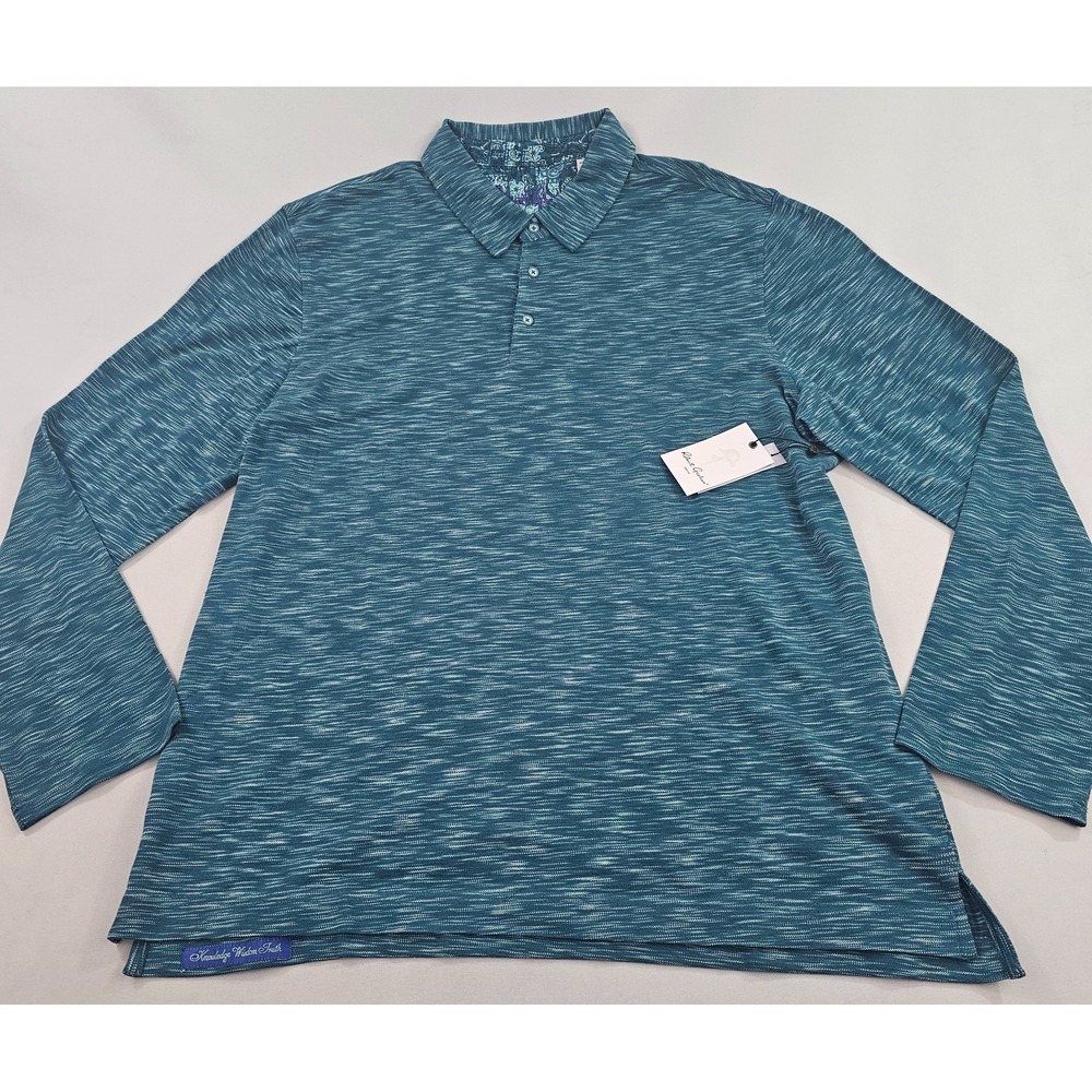 Robert Graham polo shirt mens 2XL green stretch classic fit 3 button long sleeve